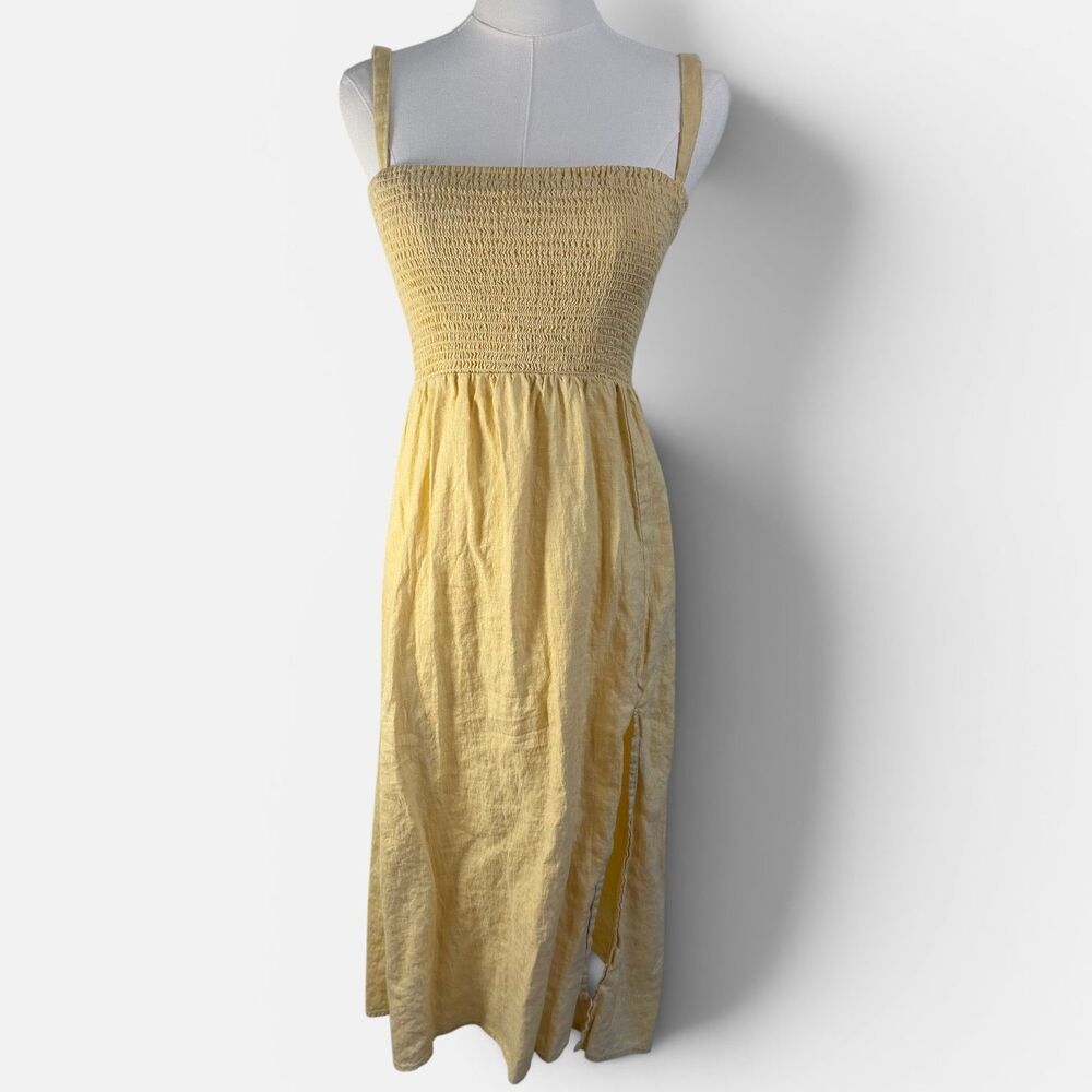 Whimsy + Row Dress Womens S Yellow Linen Smocked Midi Strappy